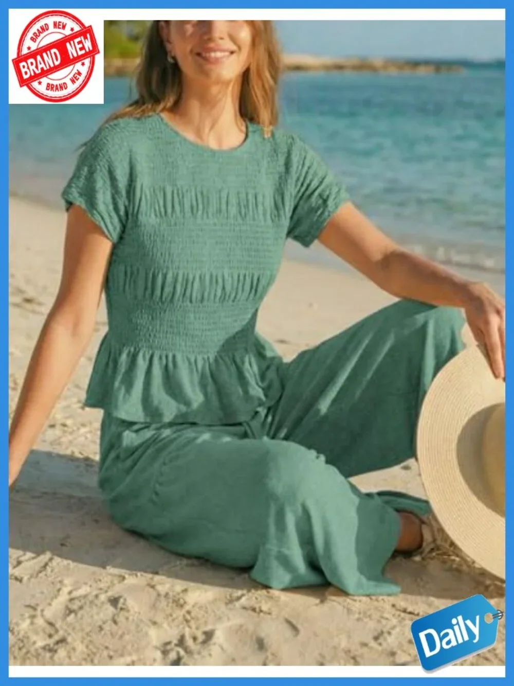 2 Piece Lounge Set Smocked Top Wide-Leg Pants with Pockets